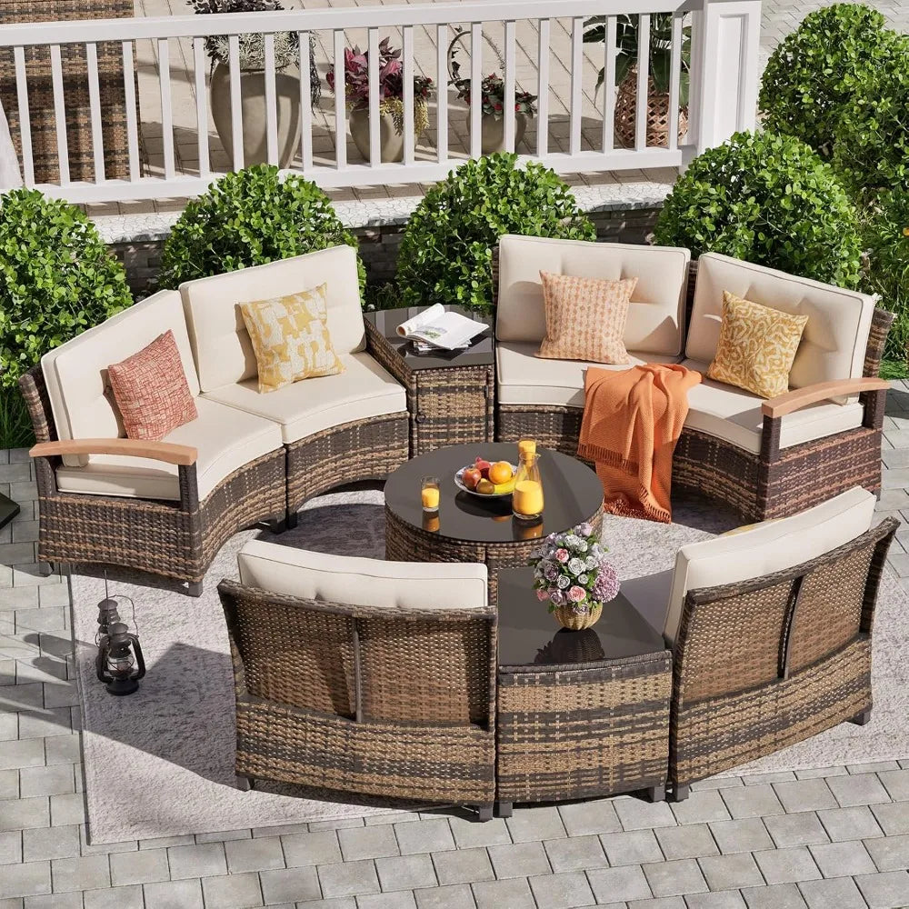 PatioLix 9 Piece Outdoor Patio Furniture Set, Half-Moon Curved Sectional Sofa Rattan Conversation Set with Wood Armrests, Coffee Table
