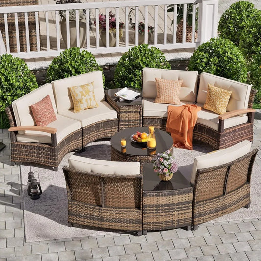 PatioLix 9 Piece Outdoor Patio Furniture Set, Half-Moon Curved Sectional Sofa Rattan Conversation Set with Wood Armrests, Coffee Table