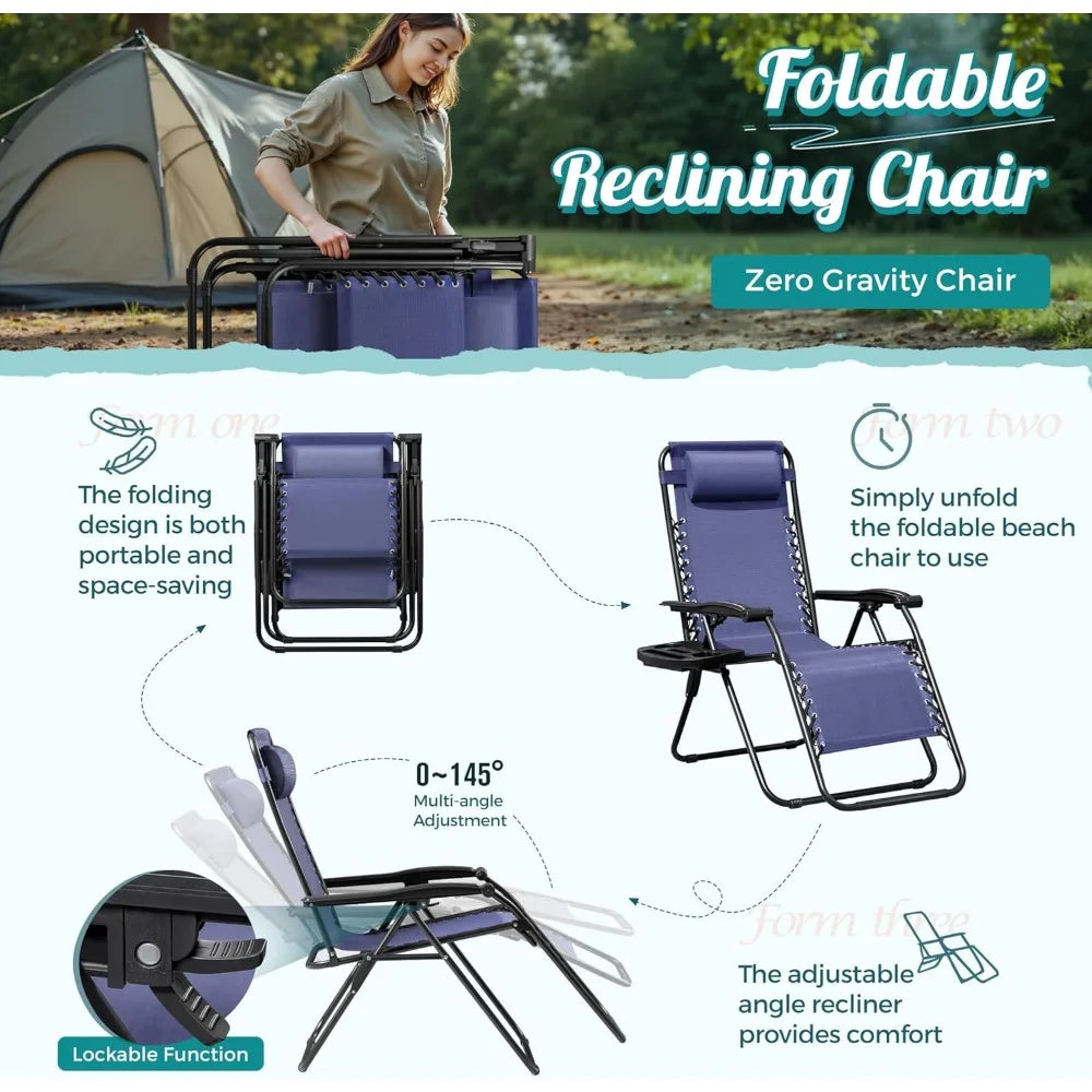 Zero Gravity Chair Patio Folding Lawn Outdoor Lounge Gravity Camp Reclining Lounge Chair with Cup Holder Pillows for Pool
