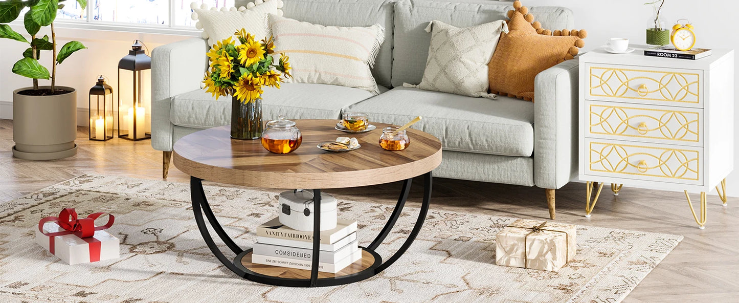 Tribesigns 31.7" Round Coffee Table, Industrial 2-Tier Circle Coffee Table with Storage Shelves, Modern Wooden Sofa Side Table