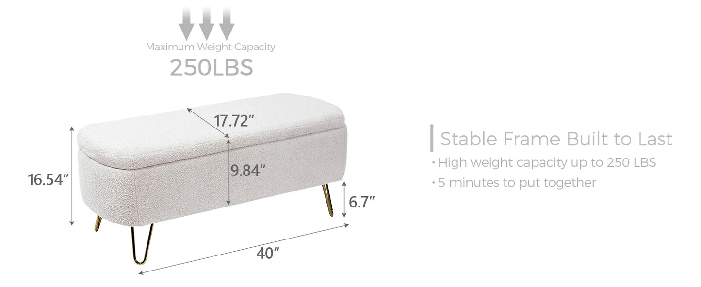 40" Boucle Sherpa Upholstered Ottoman Bench with Gold Legs - Storage for Bedroom End, Entryway, Living Room
