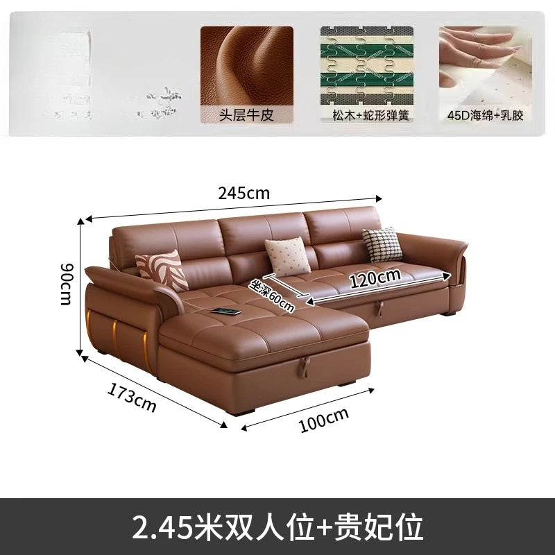 LH Electric Retractable Sofa Bed Dual-use Genuine Leather Small Apartment First Layer Cowhide Sofa