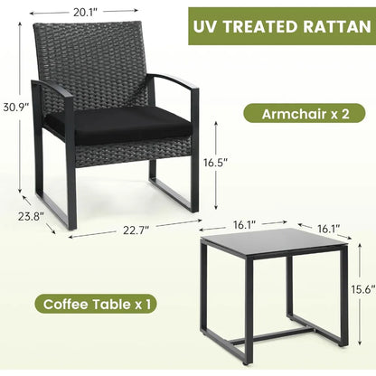 3 Piece Wicker Patio Bistro Set, Rattan Conversation Set with Coffee Table, for Balcony, Porch, Garden, Yard, Poolside, Black Fr
