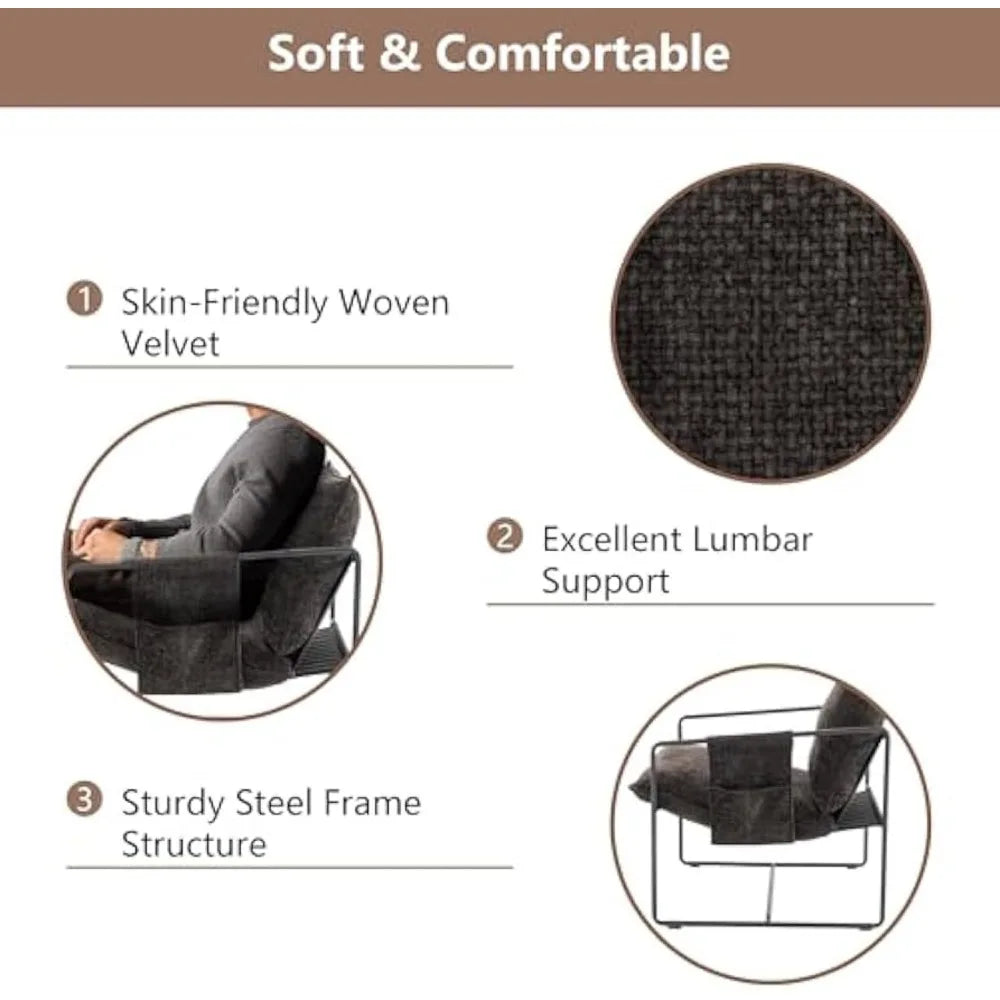 Upholstered Hanging Armchair with Arm Pocket, Comfy Accent Chair with Metal Frame, Crushed Foam Cushions and Skin-Friendly Brai