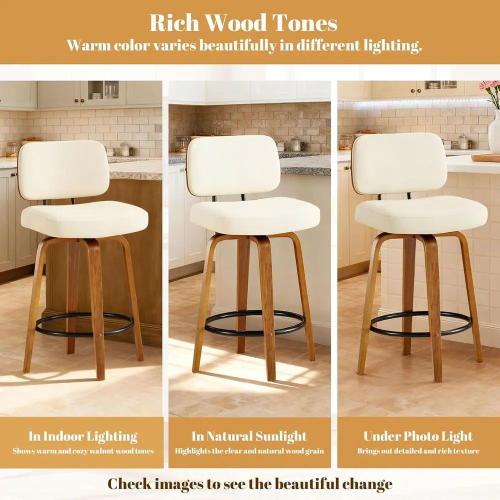 Ensemble de 3, 27 tabourets de bar pivotants en simili cuir blanc crème à hauteur de comptoir avec dossier, design moderne rembourré du milieu du siècle pour Kitc