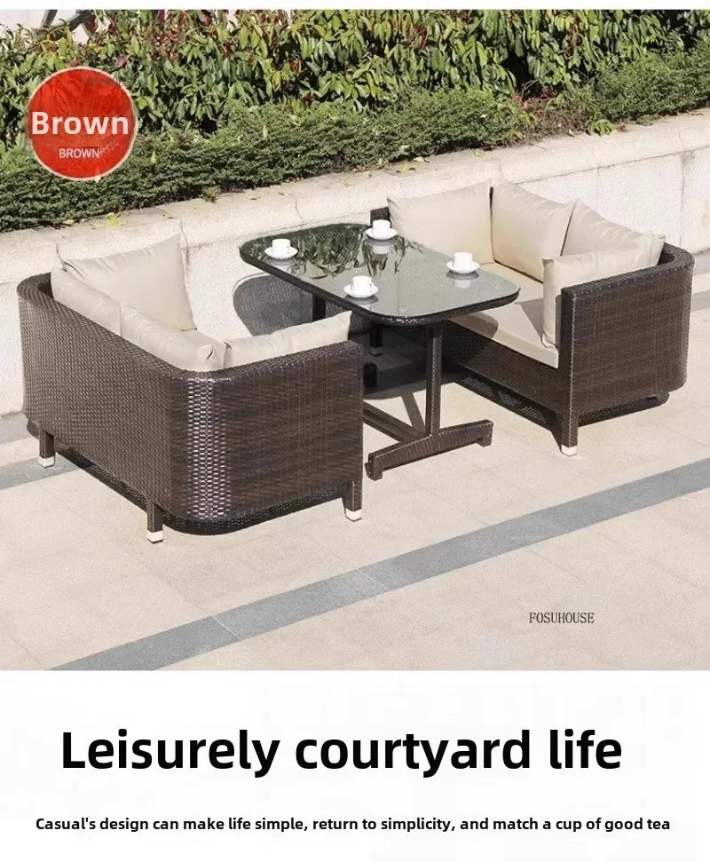 Nordic Outdoor Garden Sofas Leisure PE Rattan Garden Terrace Sofa Chair Set Courtyard Balcony Double Sofa Outdoor Furniture GG A