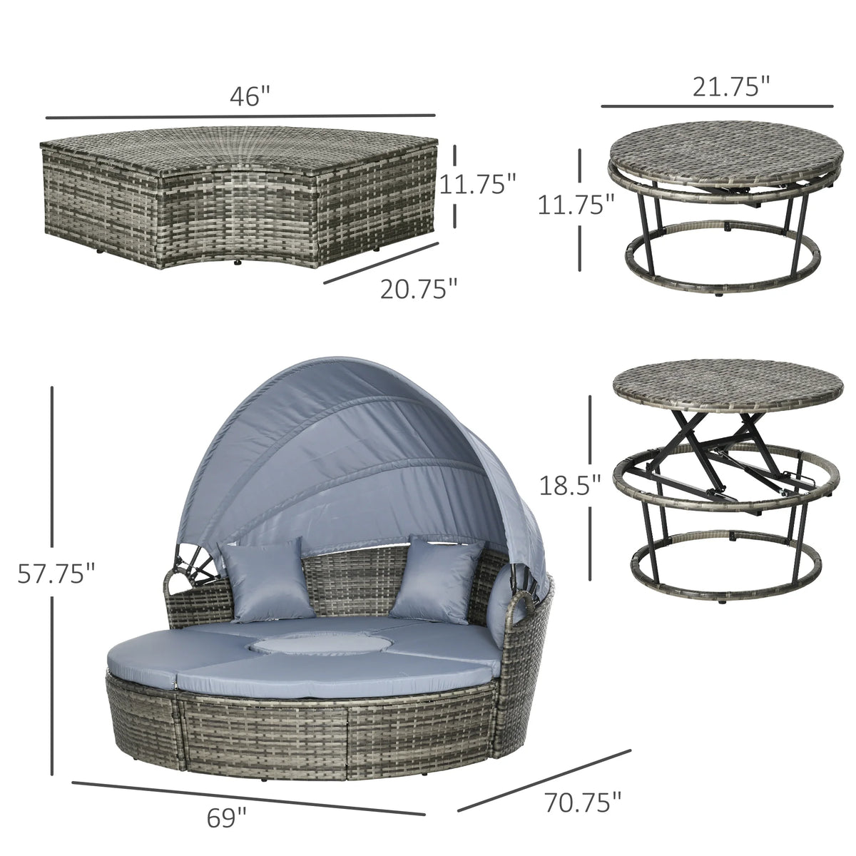 4 Piece Round Rattan Daybed, Convertible Patio Furniture Set, Adjustable Sun Canopy, Sectional Outdoor Sofa, 2 Chairs