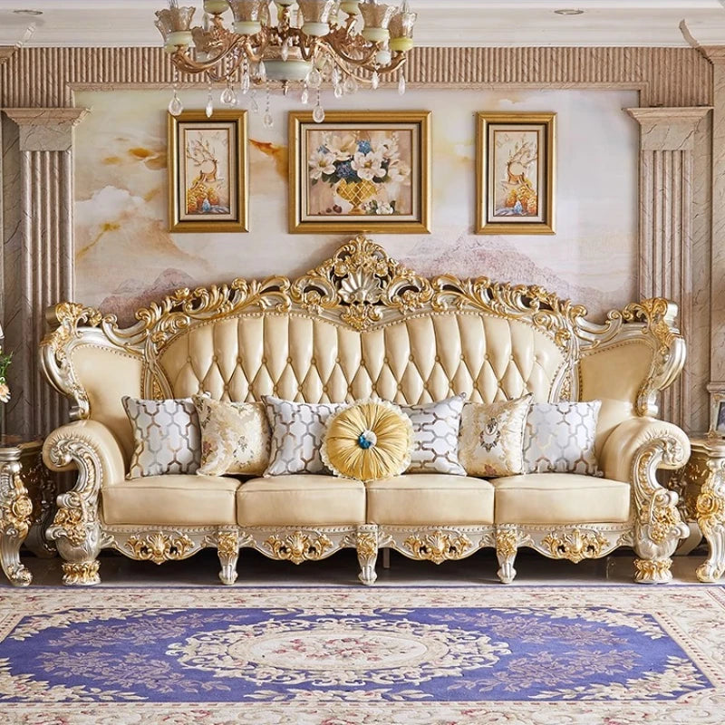 Luxury Couch Living Room Sofa Genuine Leather Solid Wood Living Room Sofa Elegant Europe Canape Salon Home Furniture