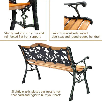 50 Rose Cast Iron & Hardwood Patio Loveseat, Weather-Resistant Outdoor Bench for 2