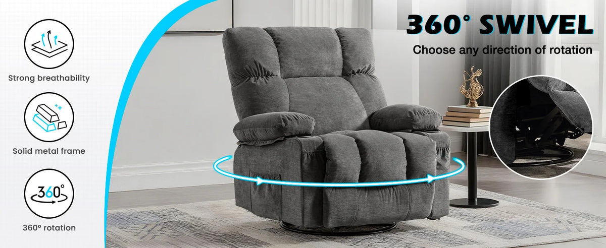 MAHOMICO Recliner Chair Oversized Swivel Rocker with Vibration Massage & Lumbar Heating, 360° Swivel, USB Charging Port