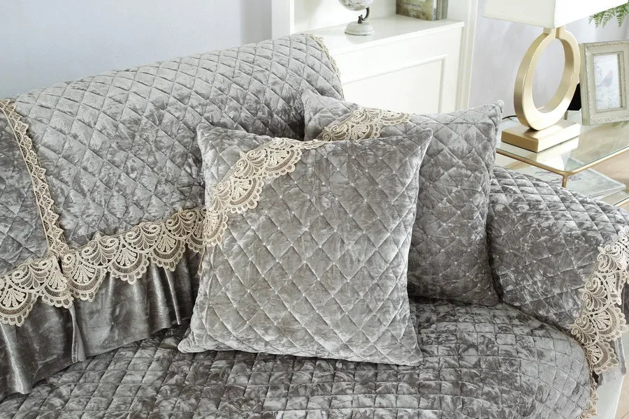 Embroidery Lace Sofa Cushion Gold Velvet Hemline Sofa Cover Autumn Winter European Couch Cover Solid Color Checkered Sofa Mat