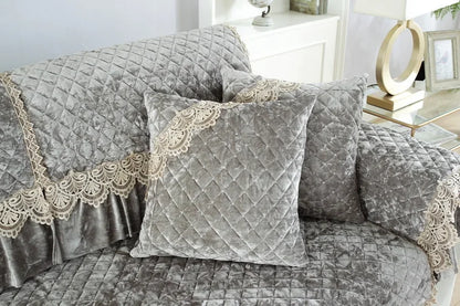 Embroidery Lace Sofa Cushion Gold Velvet Hemline Sofa Cover Autumn Winter European Couch Cover Solid Color Checkered Sofa Mat