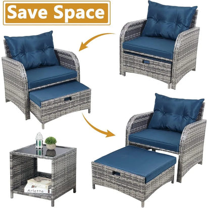All-Weather PE Rattan Outdoor Patio Chairs Set with Ottoman, 5-Piece Conversation Furniture