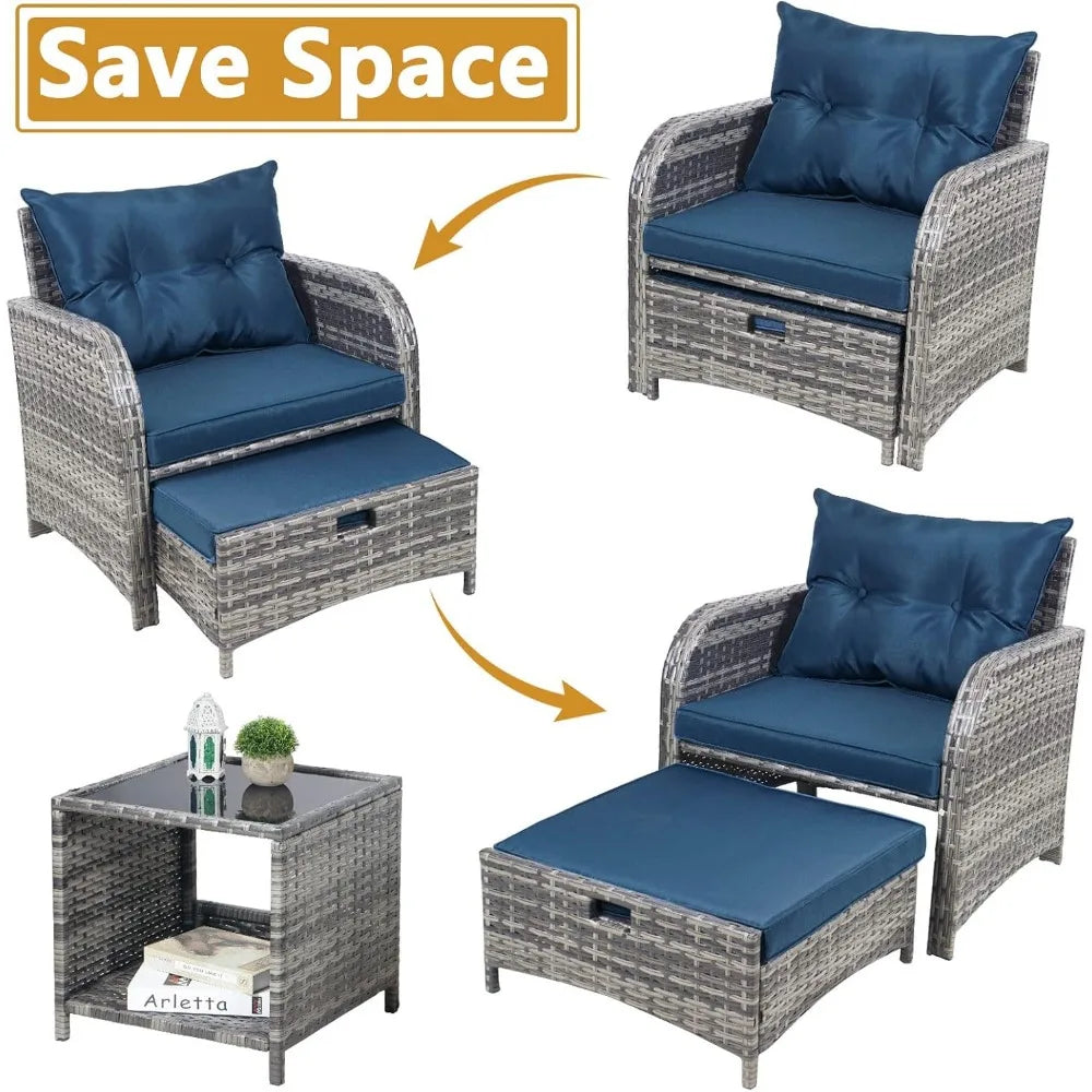 All-Weather PE Rattan Outdoor Patio Chairs Set with Ottoman, 5-Piece Conversation Furniture