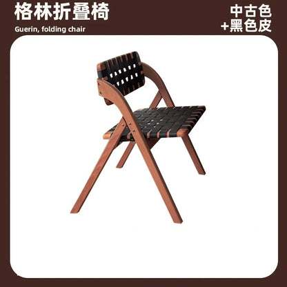 MOMO Retro Solid Wood Dining Chairs Home Living Rooms Saddle Leather Folding Chairs Dining Chairs Wabi Sabi Style Backrest Chair