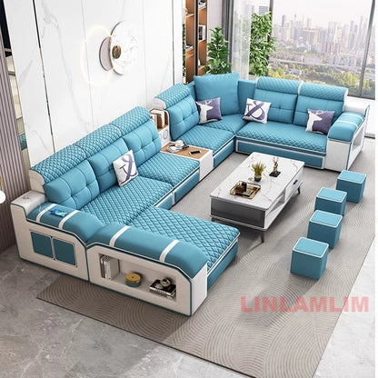 MANBAS Modern U-Shaped Fabric Sectional Sofa with Storage, Adjustable Headrests & USB Charging - Comfortable Quilted Upholstery