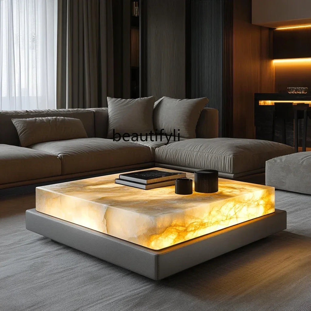 A50 Square luxury stone leather luminous jade coffee table large flat-floor villa living room modern marble