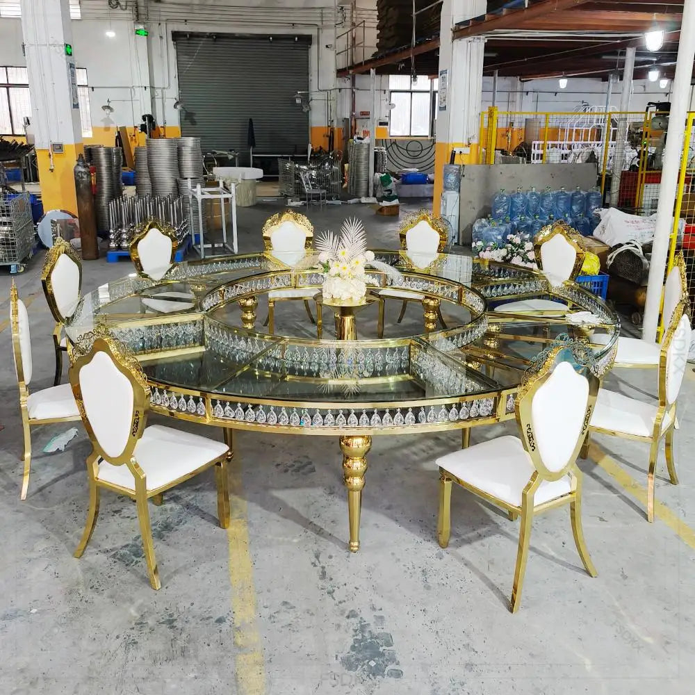 FSDKX Luxury S Shape Table for Wedding Glass Stainless Steel Circle Serpentine Table Wedding Crystals Hotel Banquet Dining Table