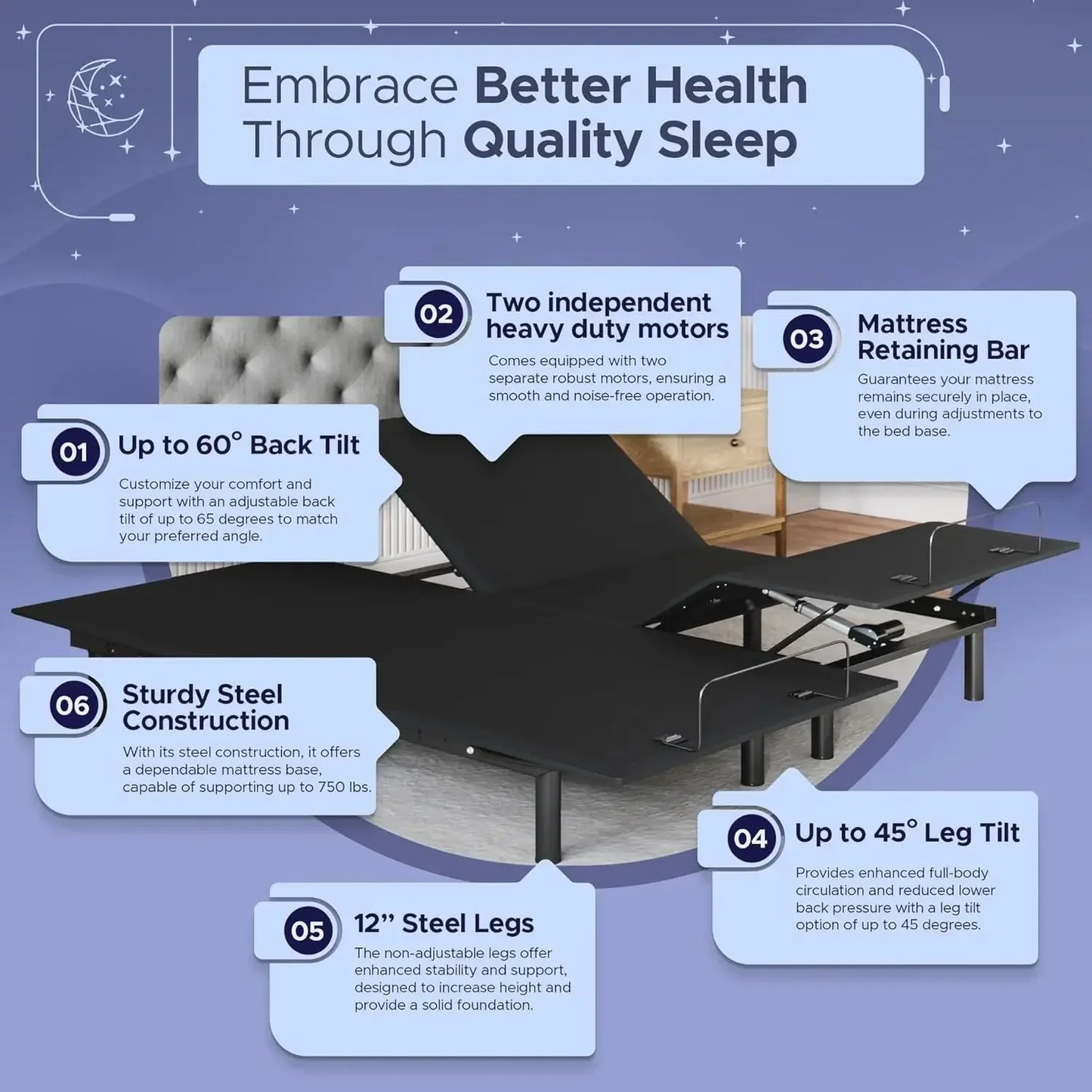 Nordic Bed Base Adjustable (Frame Only), Easy Assembly, Head and Foot Lift, Memory Positions, Zero Gravity