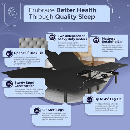 Nordic Bed Base Adjustable (Frame Only), Easy Assembly, Head and Foot Lift, Memory Positions, Zero Gravity