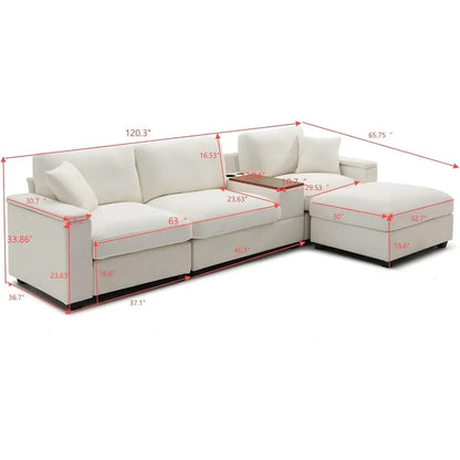 L Shaped Sectional Couch with Ottoman, Deep Seat Modular Sofa with Storage Arms, 3 Seater, Living Room, 120"