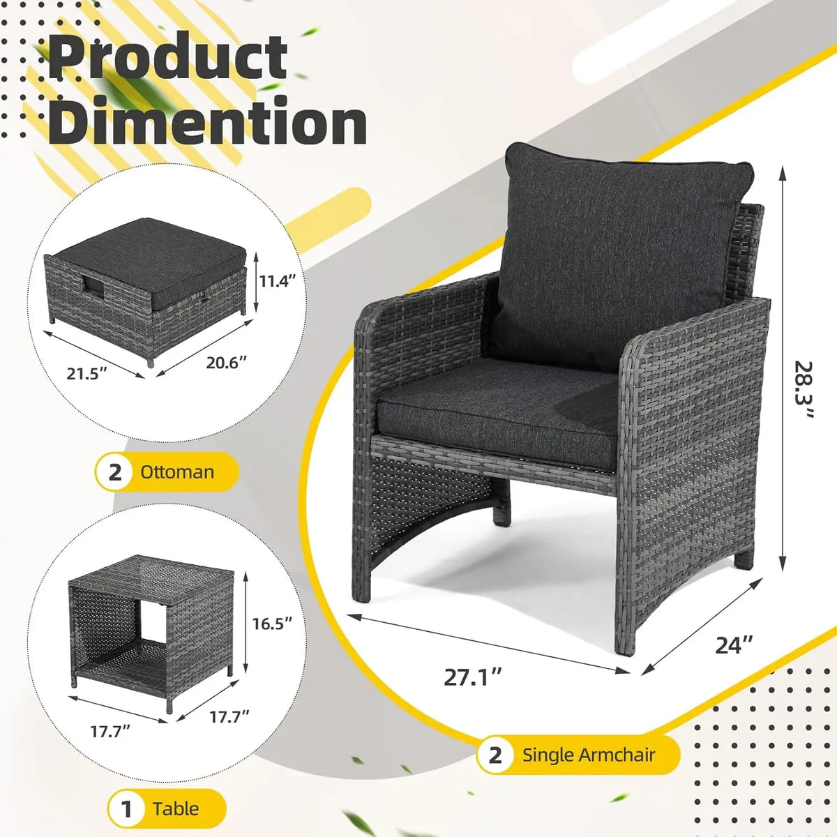 Wicker Patio Furniture Set, Balcony Furniture with Ottoman & Side Table for Lawn Pool Garden (Grey&Grey Rattan)
