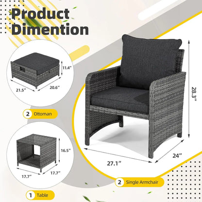 Wicker Patio Furniture Set, Balcony Furniture with Ottoman & Side Table for Lawn Pool Garden (Grey&Grey Rattan)