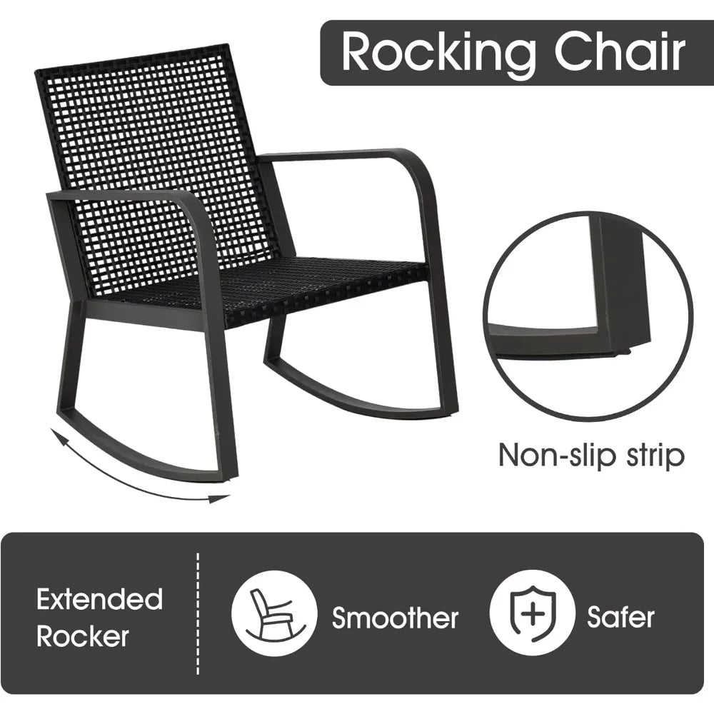 Bistro 3 Piece Patio Furniture Set, Patio Table and Rattan Outdoor Rocking Chairs Set of 2, Outdoor Bistro Conversation Set for