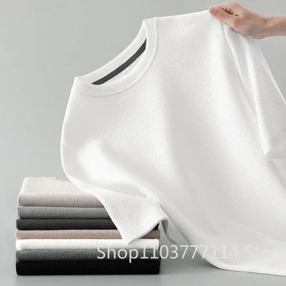 Korean Style Men Summer T-Shirt Man Short Sleeved Waffle Solid T-Shirt Color Casual Tee Round Men's Round Neck Fashion Top
