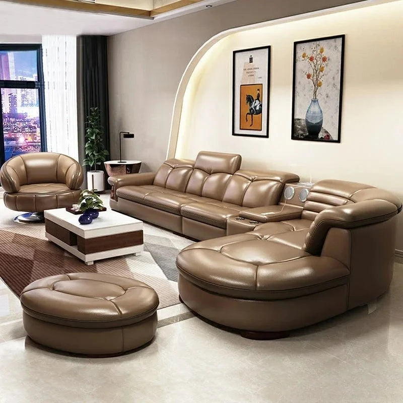 Luxury L-Shaped Genuine Leather Sectional Sofa Sets with USB, Bluetooth Speaker - MINGDIBAO Living Room Italian Leather Couches