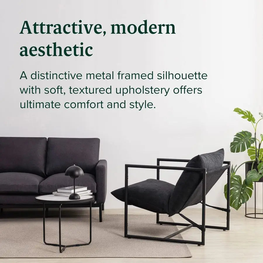 Aidan Sling Accent Chair, Metal Framed Armchair with Shredded Foam Cushioning, Black