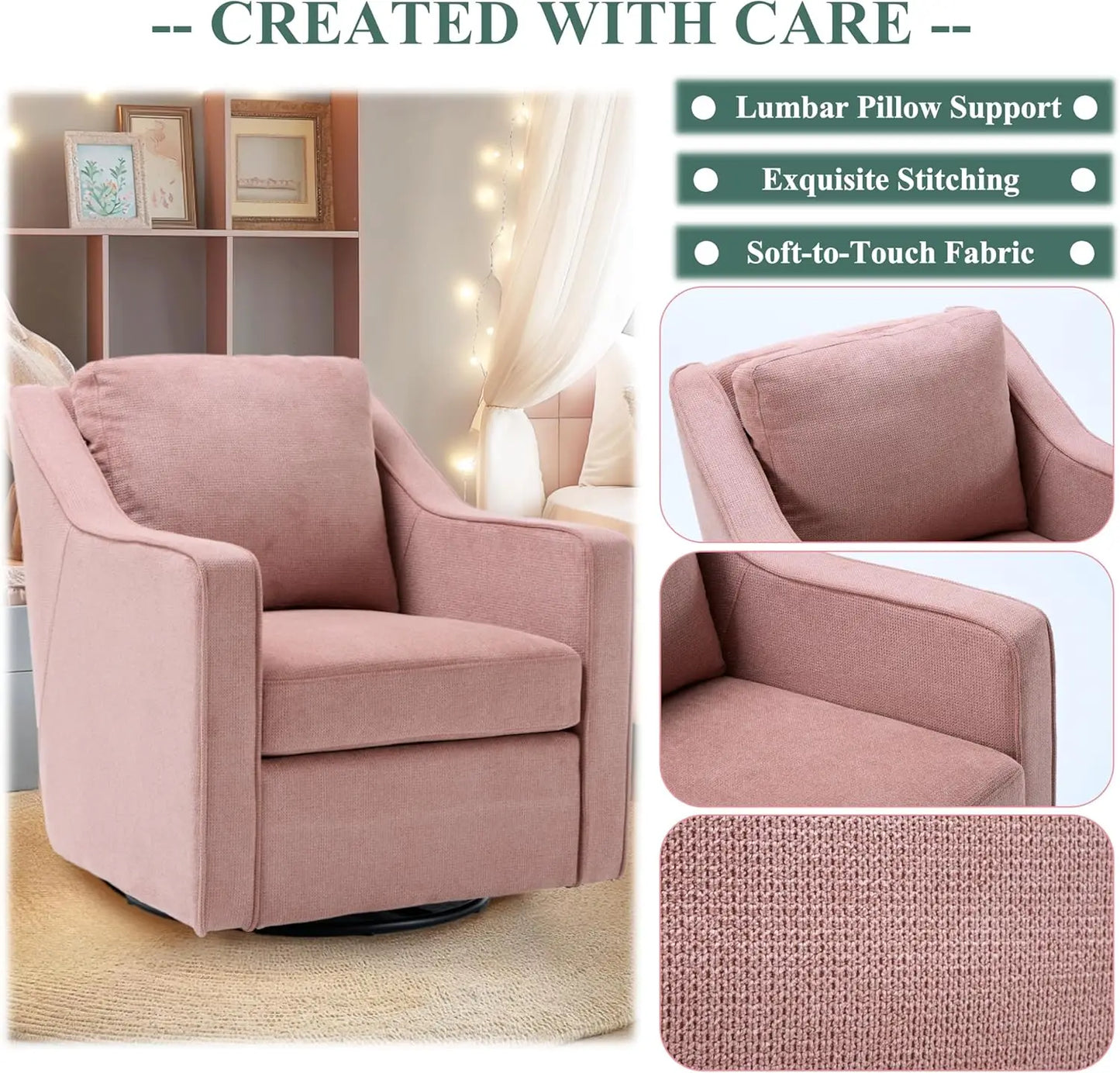Swivel Accent Chair, 360° Rotation Chenille Fabric Upholstered Leisure Armchair with Lumbar Pillow for Living Room Bedroo