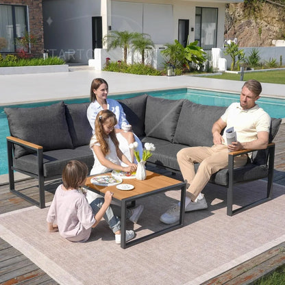 6 Pieces Outdoor Sectional Sofa Set Metal Patio Furniture Set,  with Side Table, L Shape Patio Conversation Set with Faux-Wood