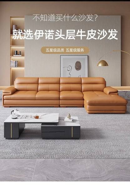 Nordic Italian light luxury leather sofa with a top layer of cowhide, modern and minimalist living room size,  art sofa