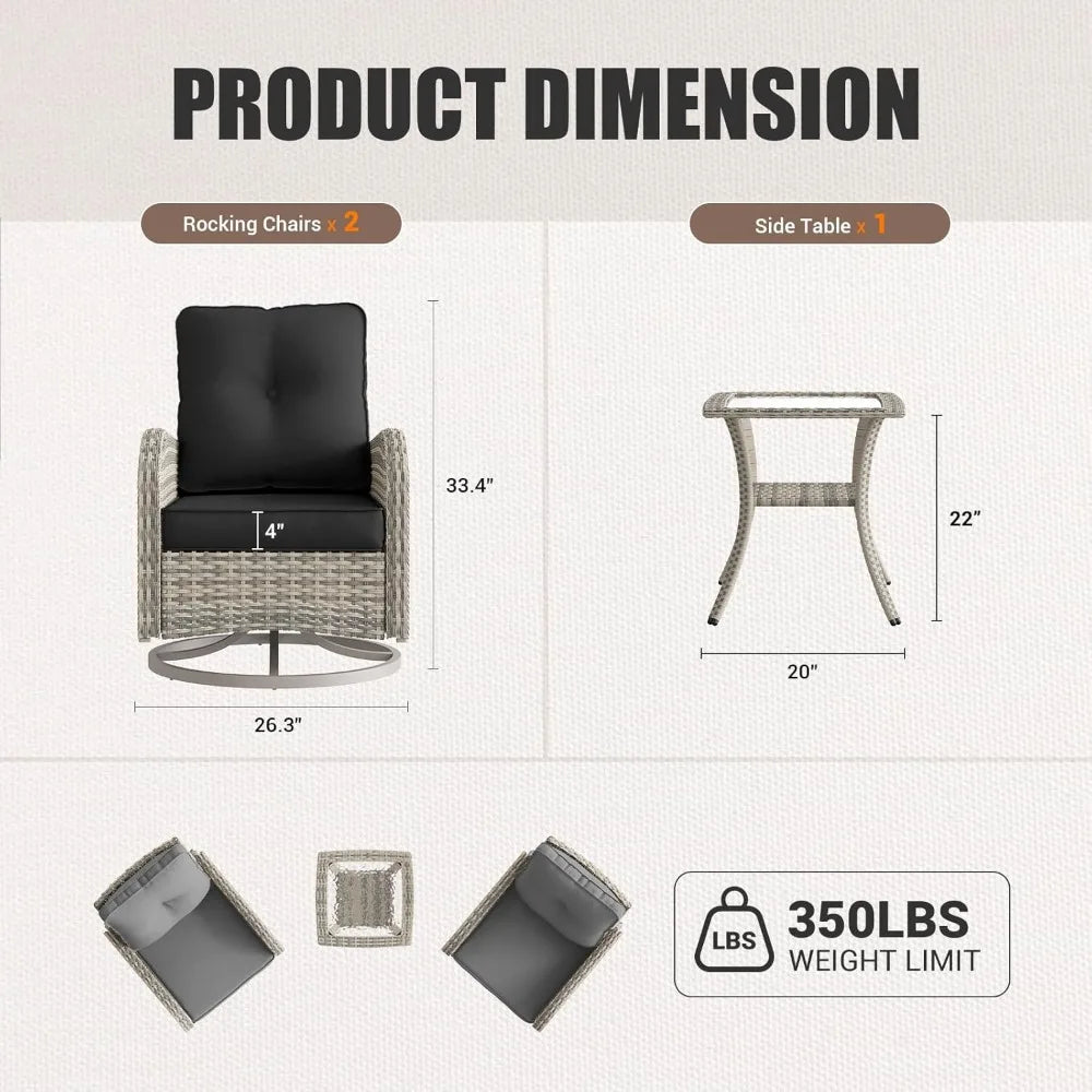 Outdoor Wicker Swivel Rocking Chair Patio Furniture Set with Tempered Glass Table for Garden Bistro