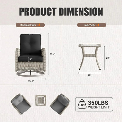 Outdoor Wicker Swivel Rocking Chair Patio Furniture Set with Tempered Glass Table for Garden Bistro