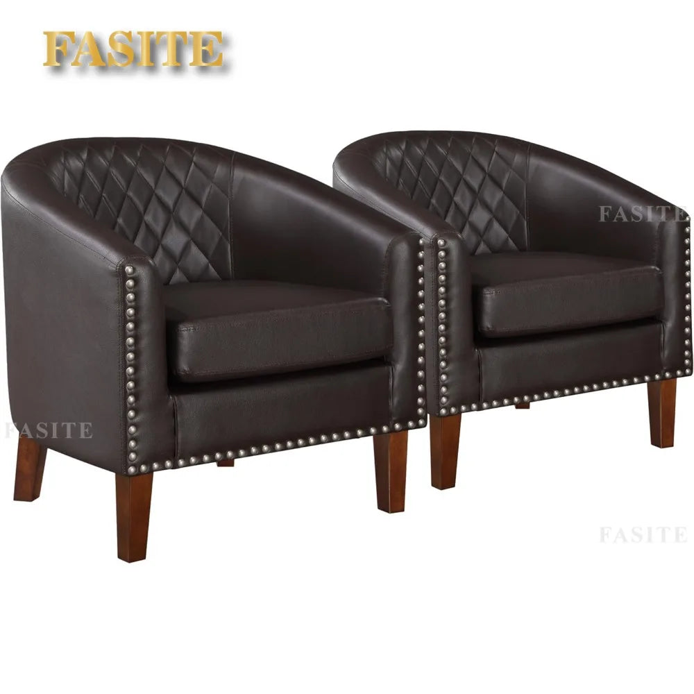 Nordic luxury Comfy Barrel Accent Chair Set, Grid Backrest Diamond, Faux Leather with Cushion for Living Room Club