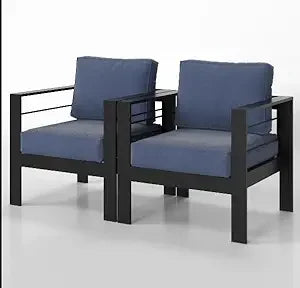 Patio Furniture Metal Armchair,2 PCS All-Weather Aluminum Garden Outdoor Contemporary Sofa Chair with Cushions, Light Grey