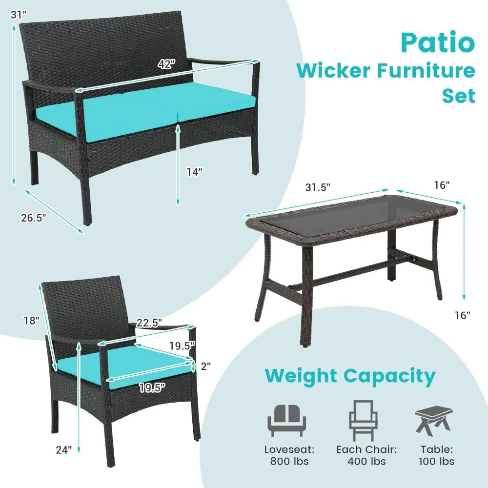 4 Piece Wicker Patio Furniture Set, Outdoor PE Rattan Conversation Sets with Chairs, Loveseat & Tempered Glass Coffee Ta