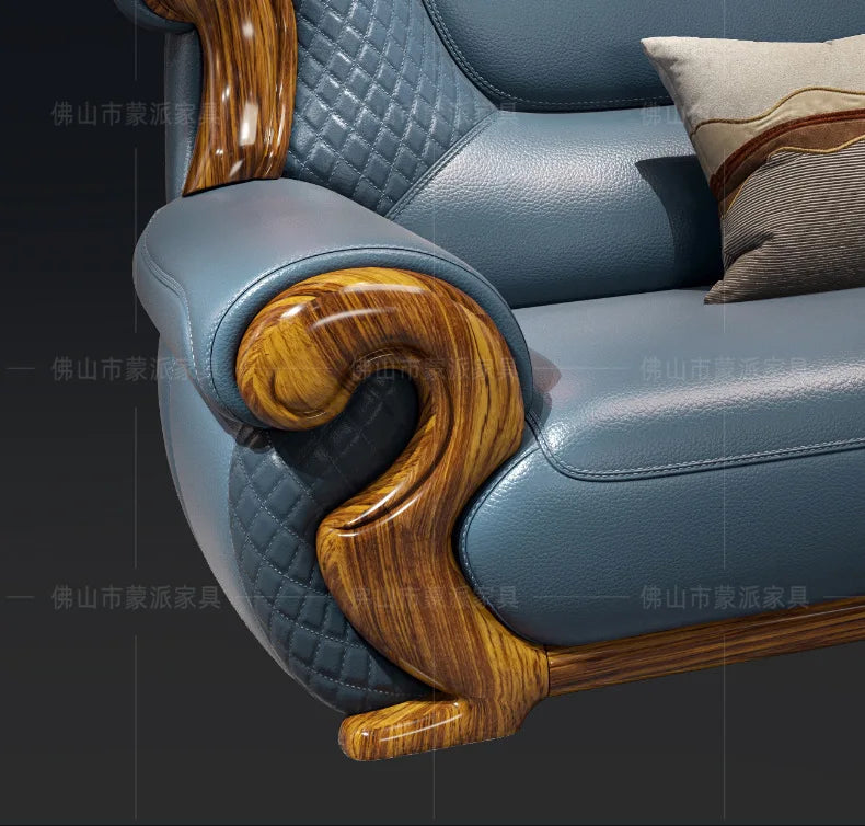 New Chinese ebony leather sofa combination first layer cowhide high-end villa living room modern solid wood sofa furniture