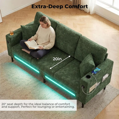 77" Small Cloud Loveseat 3 Seater Sofa, Green | Deep Seat, LED Light, USB Charger, Chenille, Modern, Customized