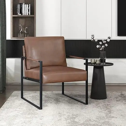 Modern Accent Chair, Faux Leather Upholstered Living Room Chair with Wrapped Armrests, Arm Chair with Black Metal Frame,