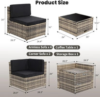 --8 Pieces Outdoor Wicker Rattan Patio Furniture Sectional Set, Glass Top Table with Hidden Storage, Oversized Cushions.sofa Bed