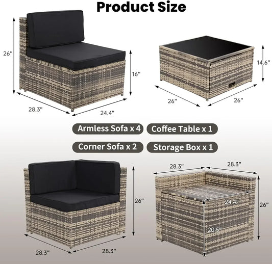 --8 Pieces Outdoor Wicker Rattan Patio Furniture Sectional Set, Glass Top Table with Hidden Storage, Oversized Cushions.sofa Bed