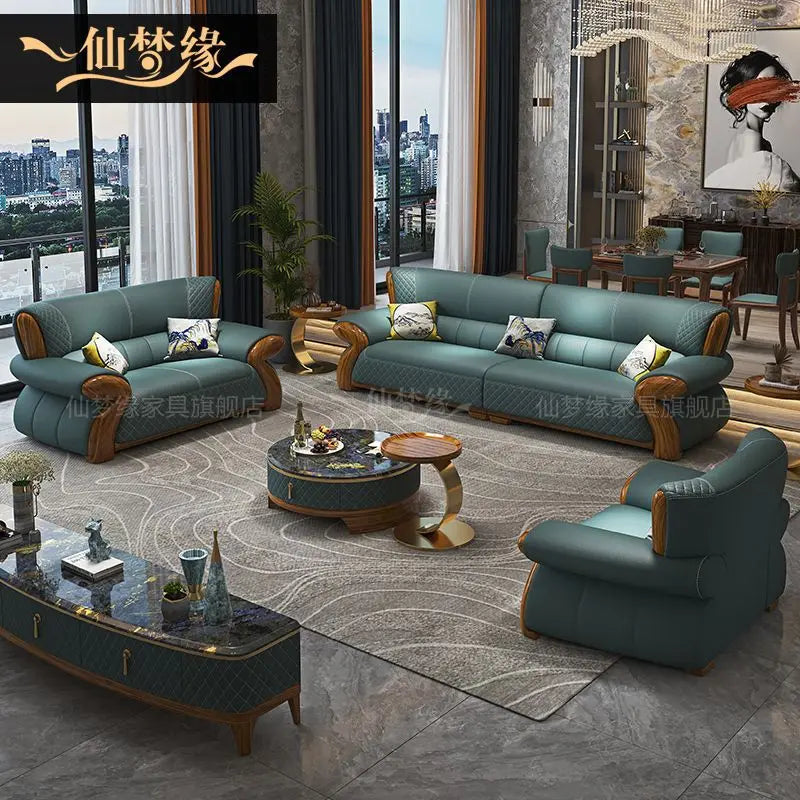 New leather sofa modern simple light luxury ebony solid wood new Chinese small apartment living room popular furniture