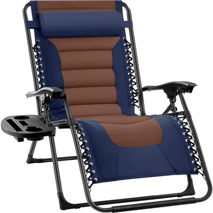v Oversized Padded Zero Gravity Chair, Folding Outdoor Patio Recliner, XL Anti Gravity Lounger for Backyard w/Headrest, Cup Hold