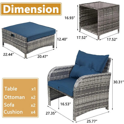 All-Weather PE Rattan Outdoor Patio Chairs Set with Ottoman, 5-Piece Conversation Furniture