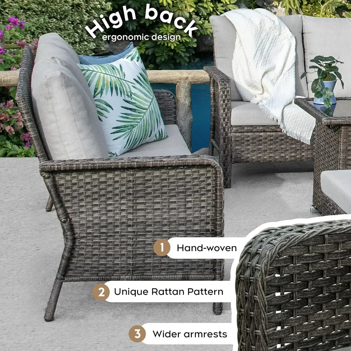 Rattan Outdoor Furniture Set, 6-piece Outdoor Deep-seated Leisure Set, Including Brazier Table and Footstool