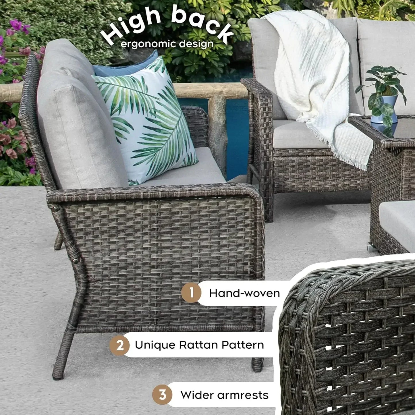Rattan Outdoor Furniture Set, 6-piece Outdoor Deep-seated Leisure Set, Including Brazier Table and Footstool