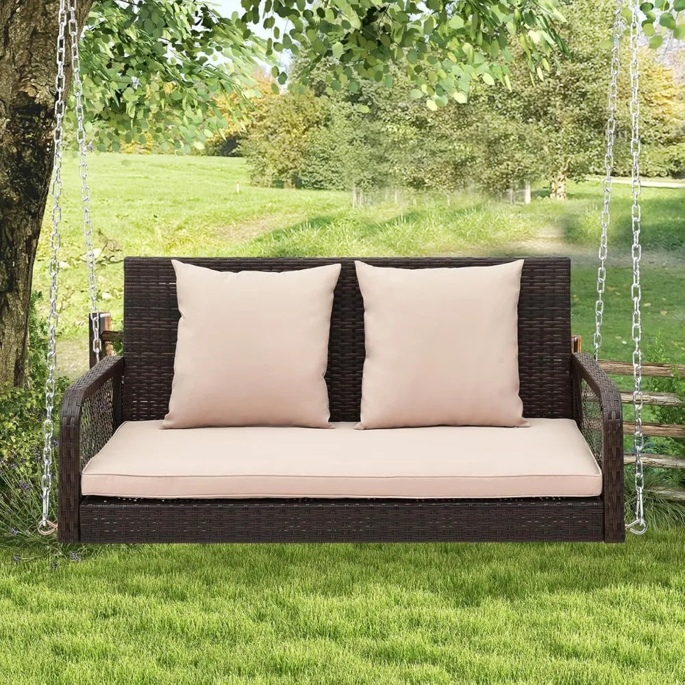 Outdoor Wicker Swing Bench with Cushions and Hanging Chains, 800 lbs Capacity, 2-Seater, Durable Porch Swing for Relaxation